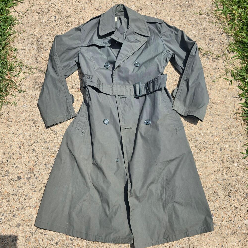 Vintage Military Rain Coat Mens 36 Green Cotton Nylon Belted Button Trench Army